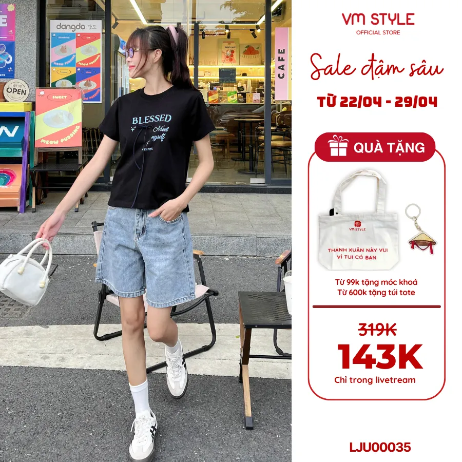 Ảnh Quần jean ngố nữ VMSTYLE cạp cao, Short jean ống rộng trơn túi thêu nơ, wash eo cao cấp đi học, đi chơi LJU00035 1