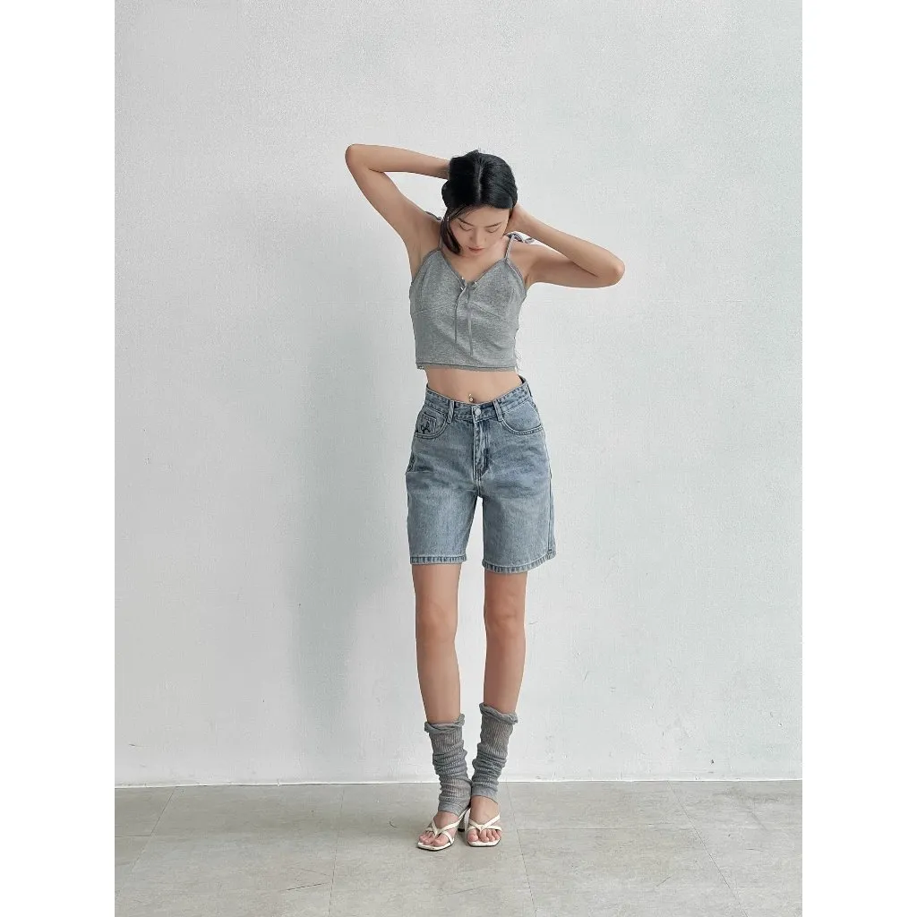 Ảnh Quần jean ngố nữ VMSTYLE cạp cao, Short jean ống rộng trơn túi thêu nơ, wash eo cao cấp đi học, đi chơi LJU00035 2