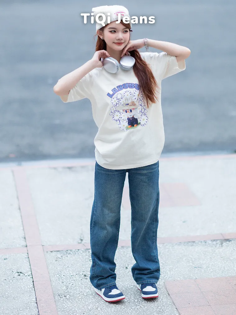 Ảnh Quần jean nữ ống rộng TiQi Jeans wash nhẹ xanh cơ bản cạp cao B2320 3