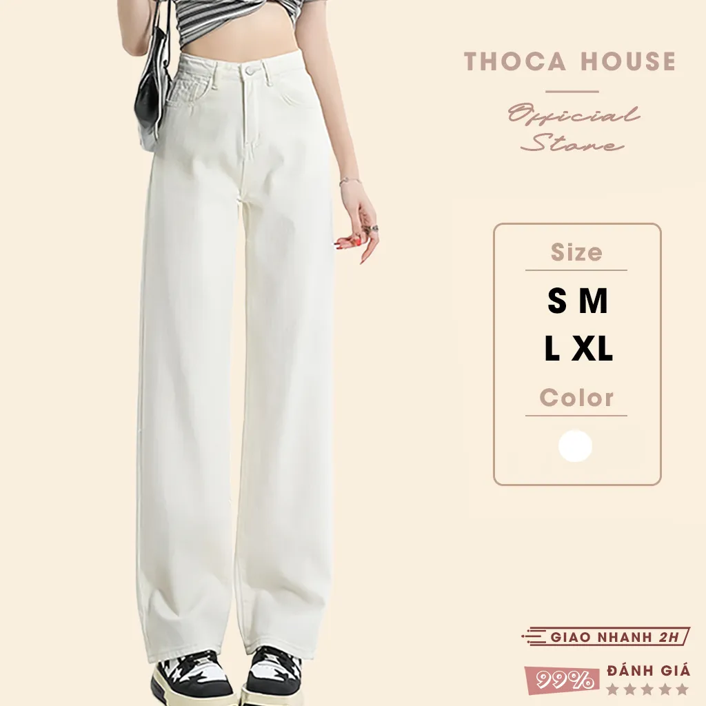 Ảnh Quần jean nữ ống suông đứng trơn kaki trắng THOCA HOUSE thời thượng, sành điệu 1