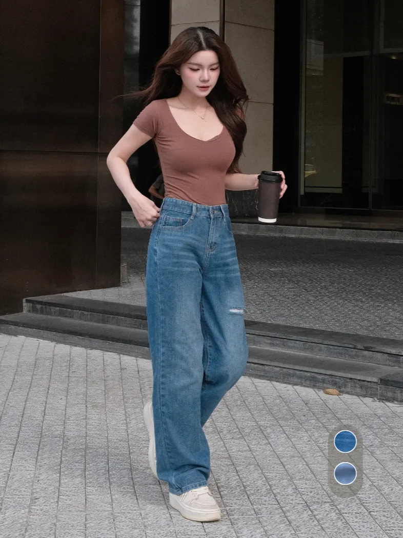 Ảnh Quần jean nữ ống suông rộng rách đùi nhẹ TiQi Jeans B404 1
