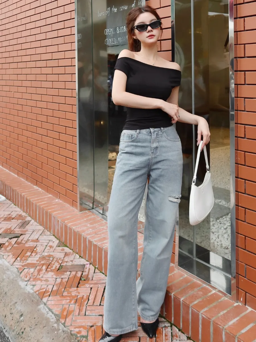 Ảnh Quần jean nữ ống suông rộng rách đùi nhẹ TiQi Jeans B404 3