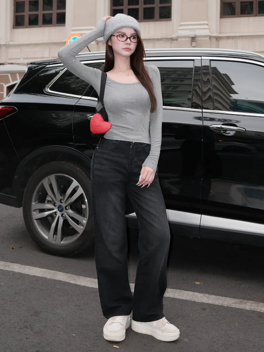 Ảnh Quần jean nữ ống suông rộng đen trơn basic wash trắng TiQi Jeans B320 1