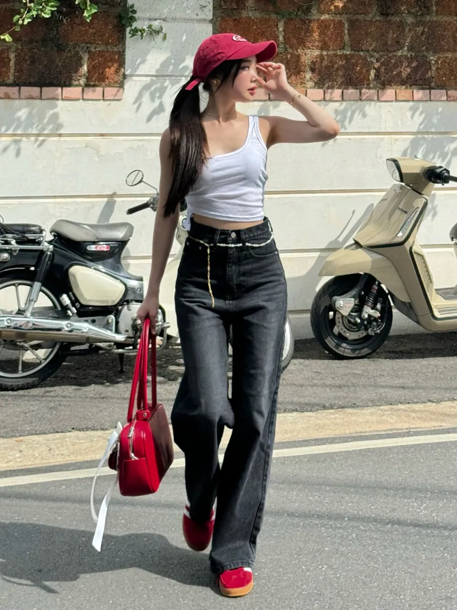 Ảnh Quần jean nữ ống suông rộng đen trơn basic wash trắng TiQi Jeans B320 3