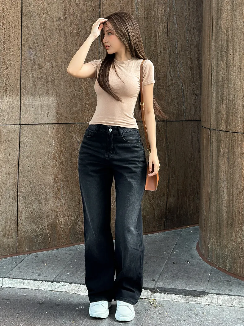 Ảnh Quần jean nữ ống suông rộng đen trơn basic wash trắng TiQi Jeans B320 4