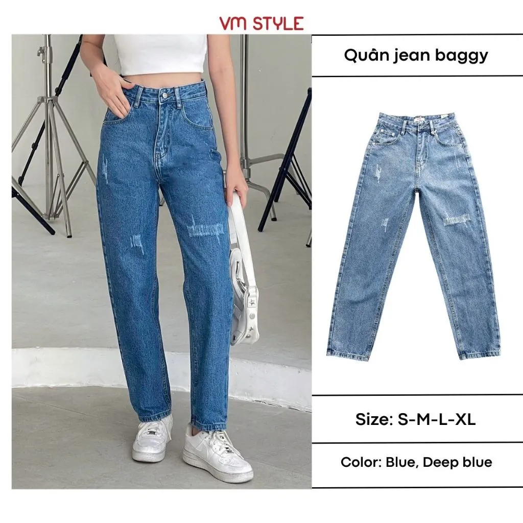 Ảnh Quần jean nữ VMSTYLE baggy lưng cao tạo xước dáng suông form đẹp đi học, đi chơi - QJB00009 2