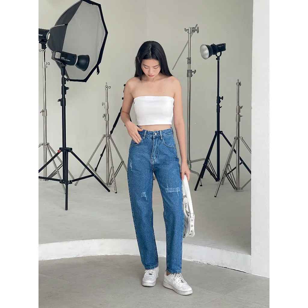Ảnh Quần jean nữ VMSTYLE baggy lưng cao tạo xước dáng suông form đẹp đi học, đi chơi - QJB00009 4