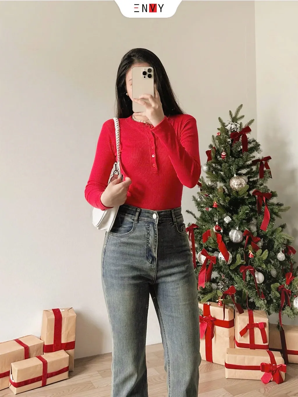 Ảnh Quần Jean Ống Loe Nữ Thêu Thỏ Màu Đậm Dễ Phối Đồ ENVY J151 1