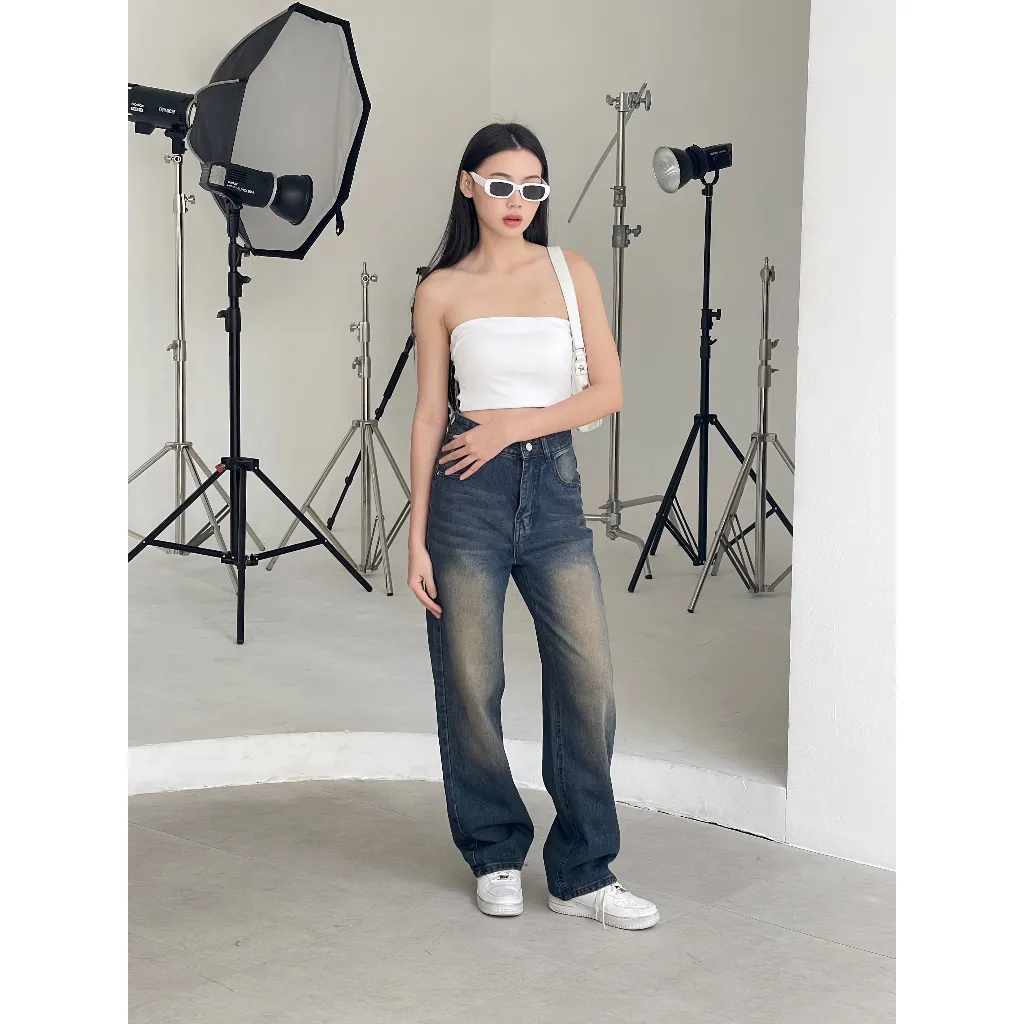 Ảnh Quần jean ống rộng denim nữ VMSTYLE cạp cao trơn lai thường wash màu cao cấp basic đi học QJR00196 4