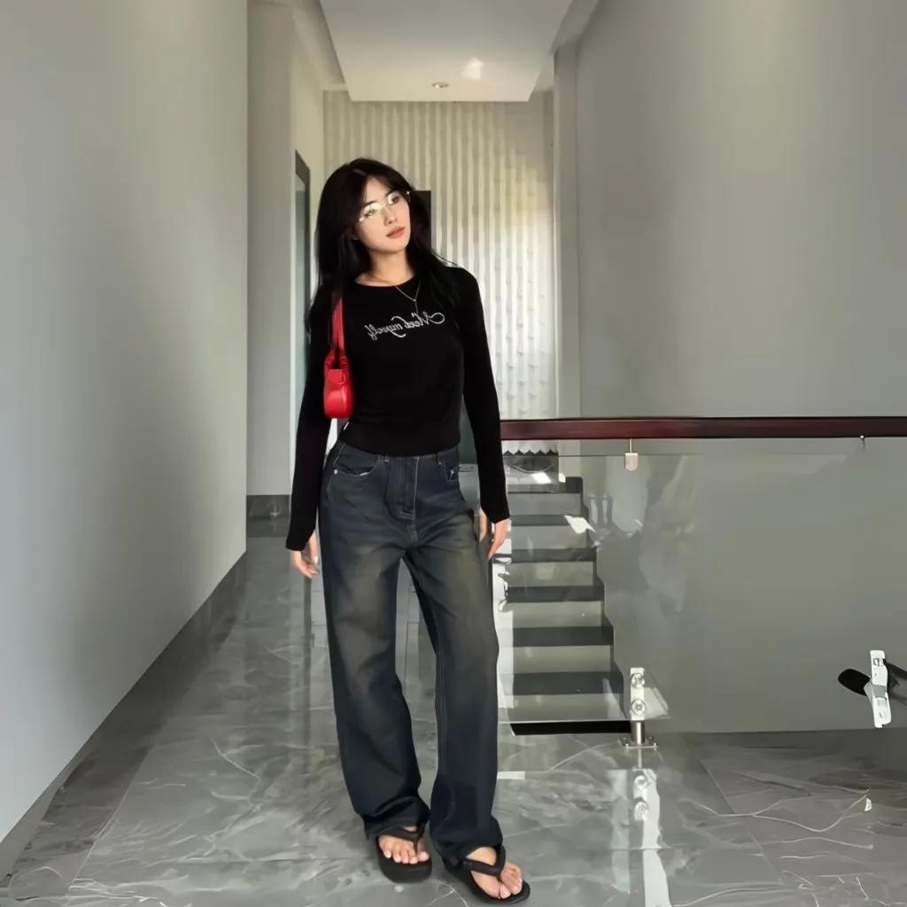 Ảnh Quần jean ống rộng denim nữ VMSTYLE cạp cao trơn túi sau rách kiểu basic đi học QJR00195 QJR00196 3