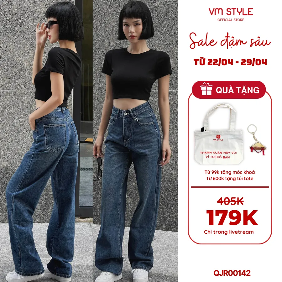Ảnh Quần jean ống rộng nữ VMSTYLE trơn cạp cao lai kiểu lua tua basic cá tính năng động đi chơi 420 - QJR00142 1