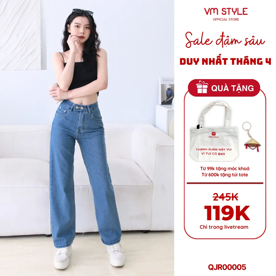Ảnh Quần jean ống rộng nữ VMSTYLE, Quần jeans ống suông cạp cao 2 nút ngang dễ phối đồ đi chơi N99 - QJR00005 1