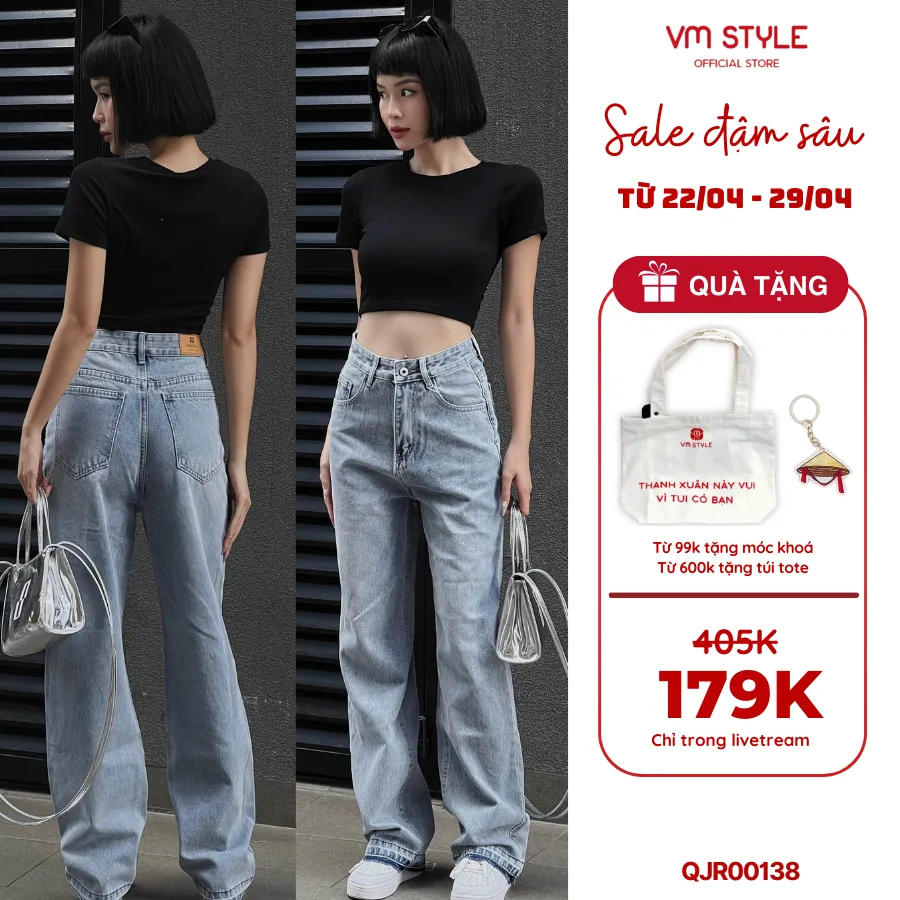 Ảnh Quần jean ống rộng nữ VMSTYLE trơn lai thường cạp cao basic năng động đi học, đi chơi 407 - QJR00138 1
