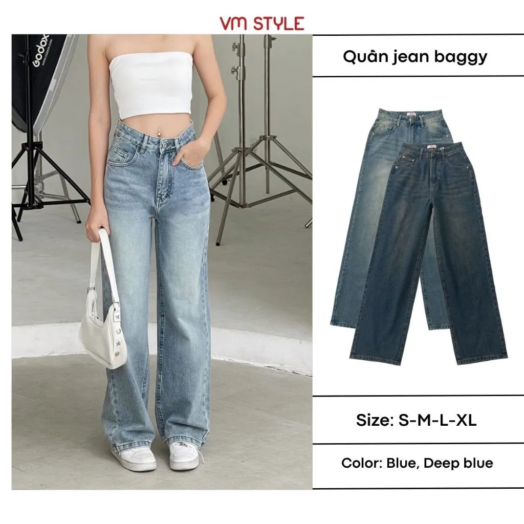 Ảnh Quần jean ống rộng nữ VMSTYLE trơn lai thường cạp cao basic năng động đi học, đi chơi 407 - QJR00138 2