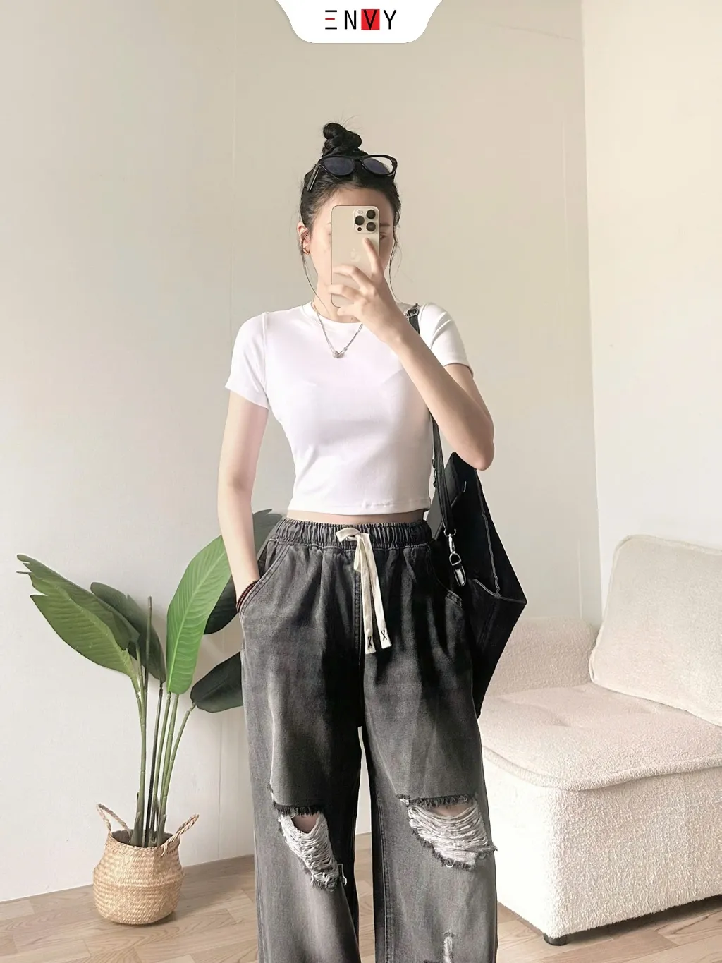 Ảnh Quần Jean Ống Rộng Phối Rách Lưng Thun (trên 100cm) Freesize J159 2