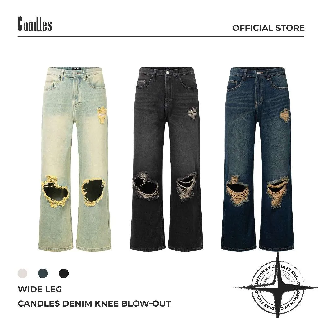Ảnh Quần Jeans Candles Denim Knee Blow-out Wide Leg Unisex 1