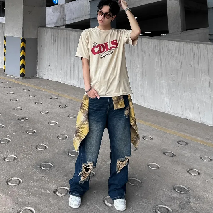 Ảnh Quần Jeans Candles Denim Knee Blow-out Wide Leg Unisex 4