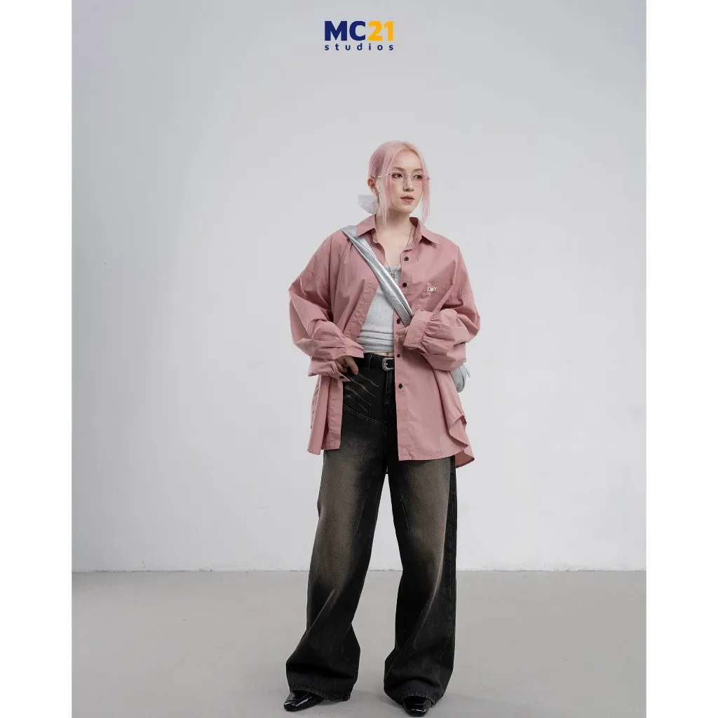 Ảnh Quần jeans cạp trễ MC21.STUDIOS dáng dài ống suông rộng Unisex Ulzzang Streetwear Hàn Quốc Q4107 2