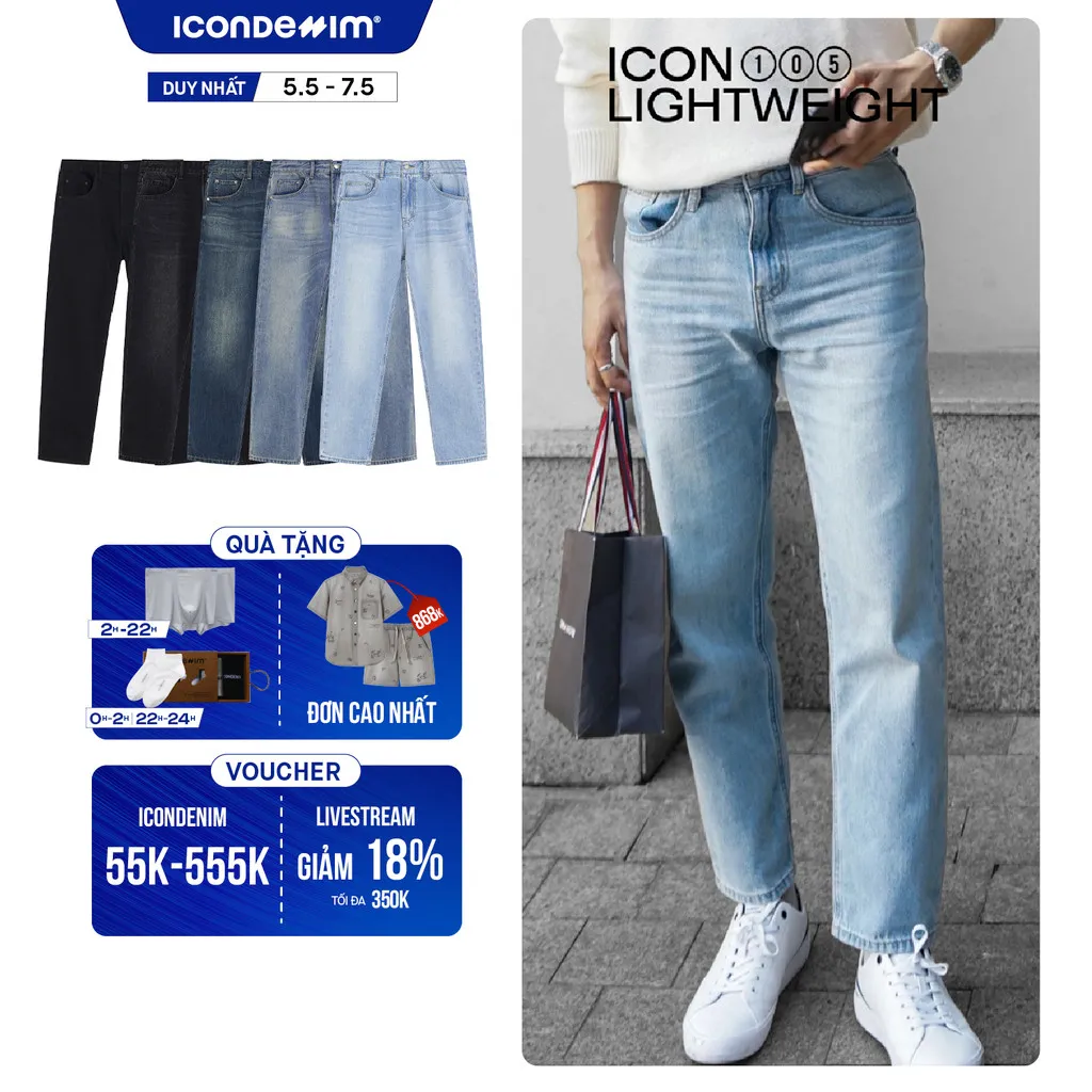 Ảnh Quần jeans nam ICONDENIM, quần bò ống đứng, dáng suông, công nghệ Lightweight siêu nhẹ, chống nhăn tốt ICON105 1