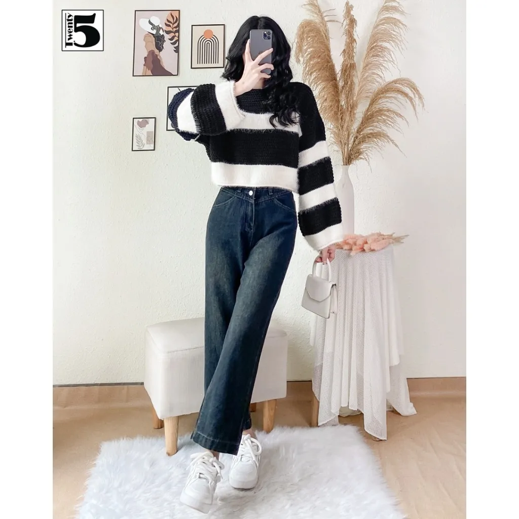 Ảnh Quần jeans nữ Twentyfive ống rộng cạp cao tôn dáng cúc đôi 5275 3