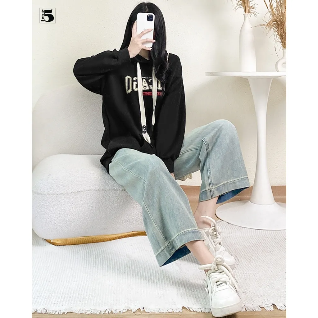 Ảnh Quần jeans nữ Twentyfive ống rộng dài cạp cao gập gấu 5531 4