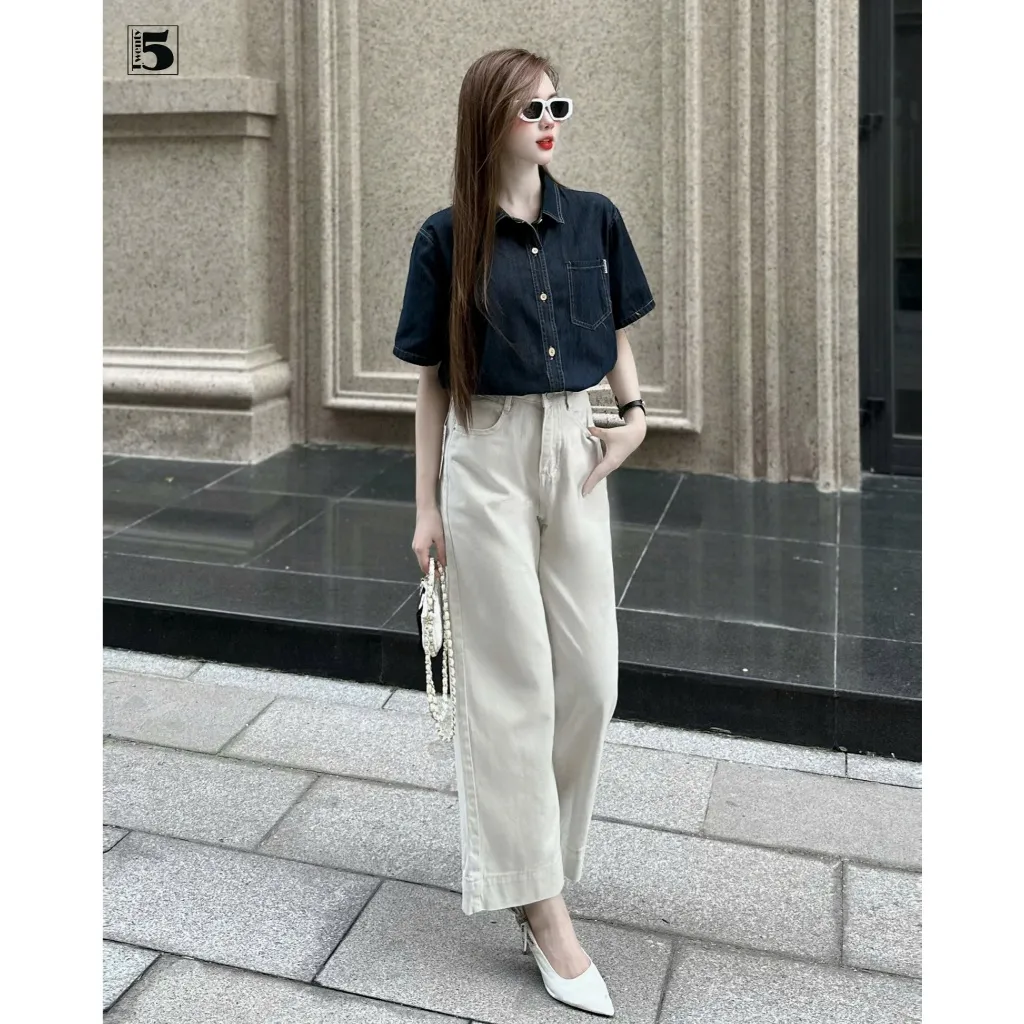 Ảnh Quần jeans nữ Twentyfive ống suông dáng lửng, cạp cao tôn dáng vải dày mịn 5649 3