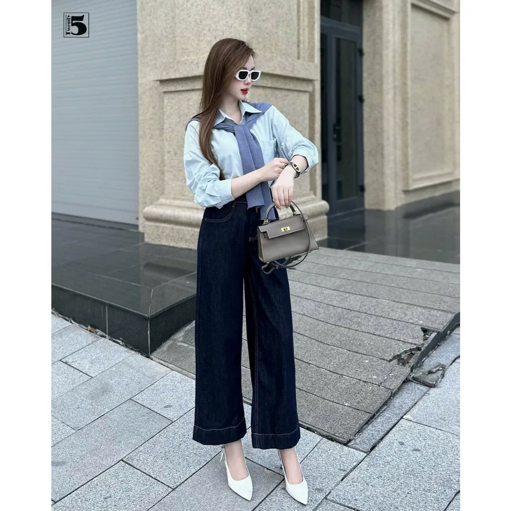 Ảnh Quần jeans nữ Twentyfive ống suông dáng lửng, cạp cao tôn dáng vải dày mịn 5649 4