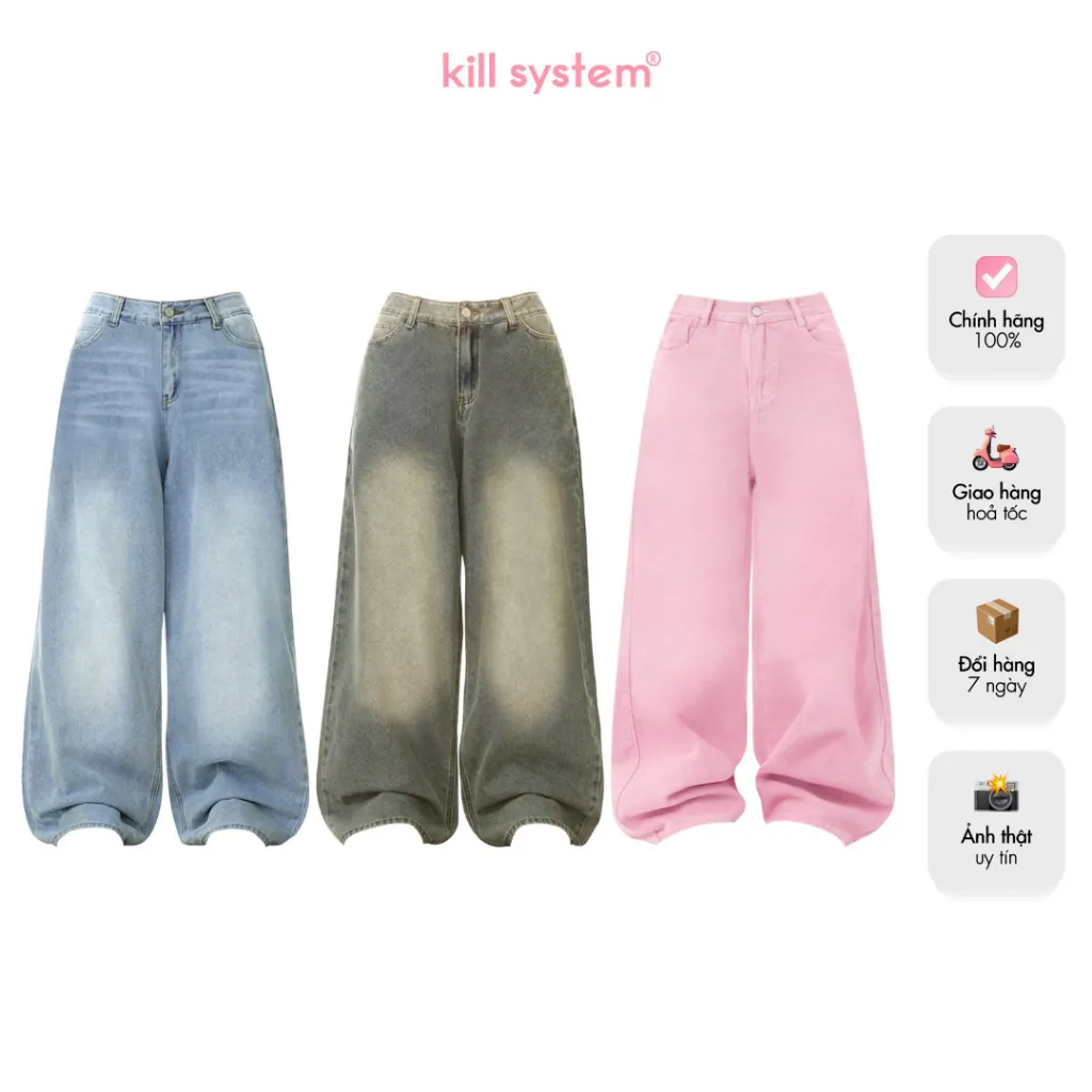 Ảnh Quần Jeans wash 𝐊𝐢𝐥𝐥𝐬𝐲𝐬𝐭𝐞𝐦 ống rộng New Jean quần bò wash màu unisex thời trang nam nữ 1