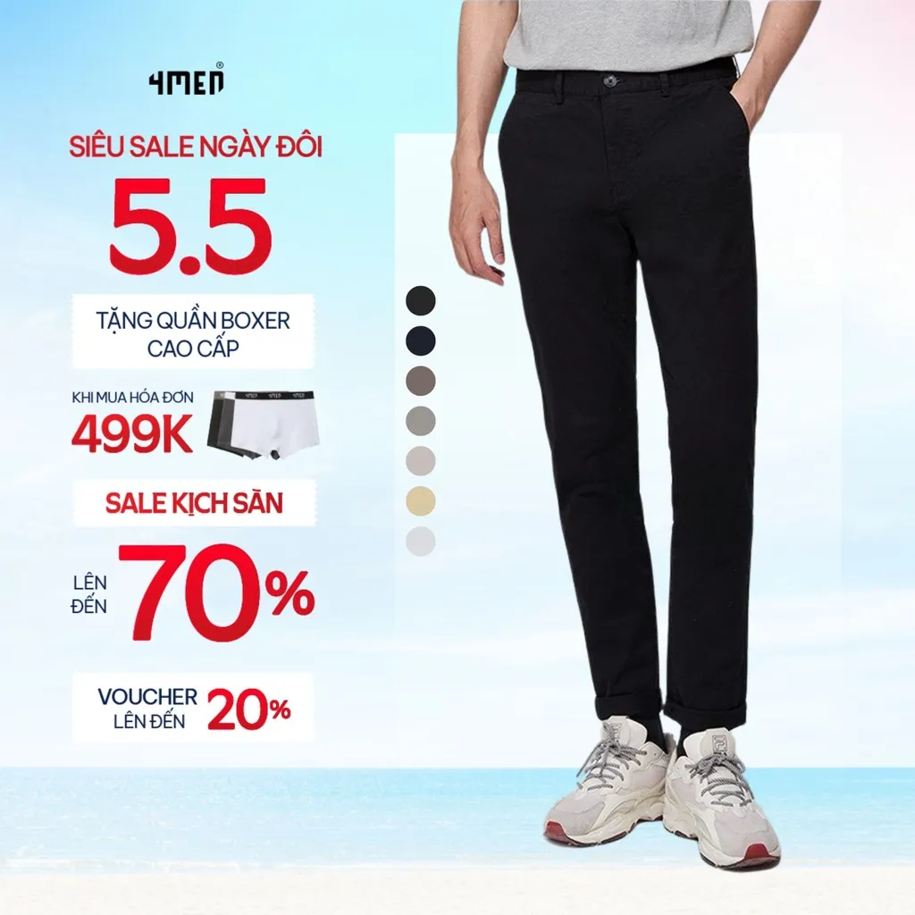 Ảnh Quần kaki dài nam trơn 4MEN QK018 form slimfit ôm tôn dáng, vải mềm mại, co giãn tốt, trẻ trung 1