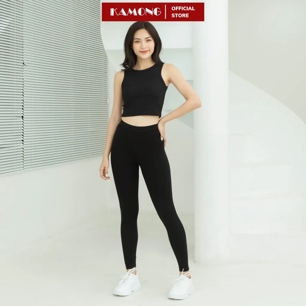 Ảnh Quần legging dài nữ KAMONG vải cotton dẻo co dãn tốt cạp cao dáng dài LG003 2