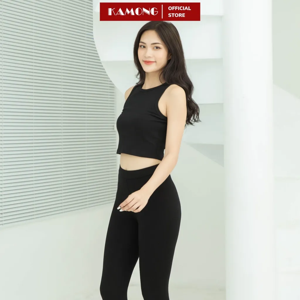 Ảnh Quần legging dài nữ KAMONG vải cotton dẻo co dãn tốt cạp cao dáng dài LG003 4