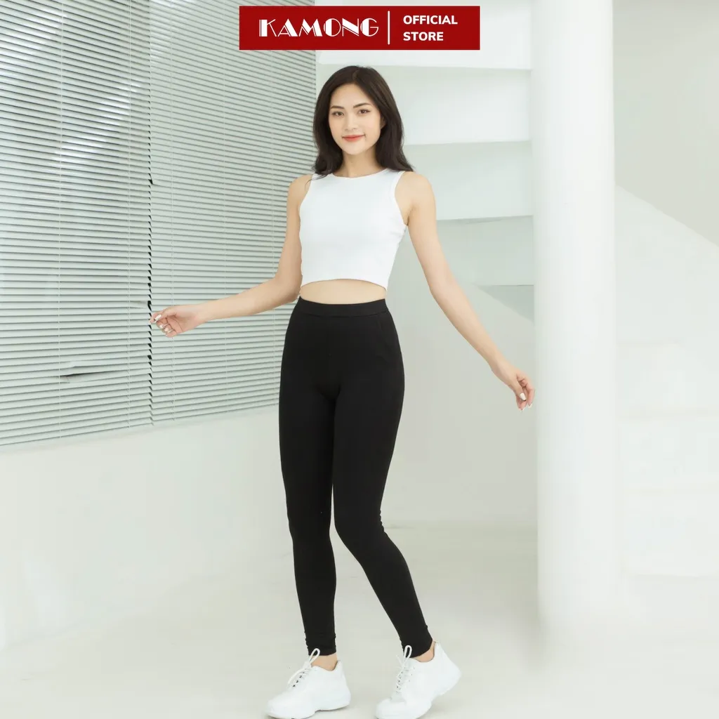 Ảnh Quần legging nữ Nâng Mông Cao Cấp KAMONG cạp cao có túi vải cotton dẻo co dãn tốt dáng dài LG006 4