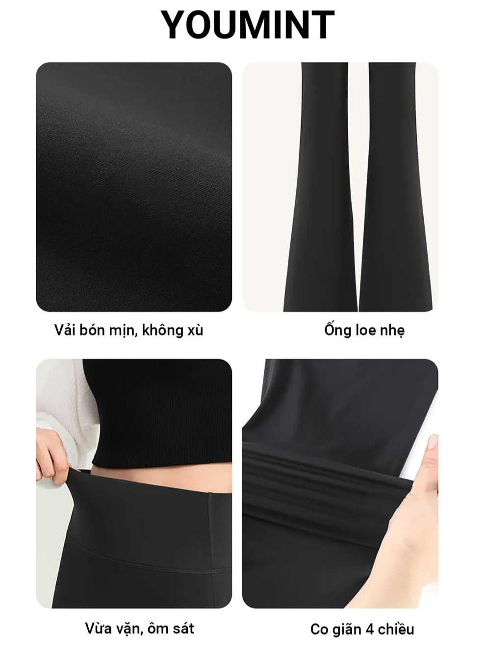 Ảnh Quần ống loe nữ cạp cao YOUMINT - Nâng mông siết eo, vải su đúc co giãn 4 chiều 3