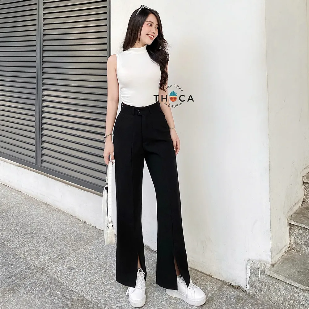 Ảnh Quần ống loe nữ xẻ lai tây tuyết mưa lưng cao trơn đen THOCA HOUSE thời thượng, trendy 2