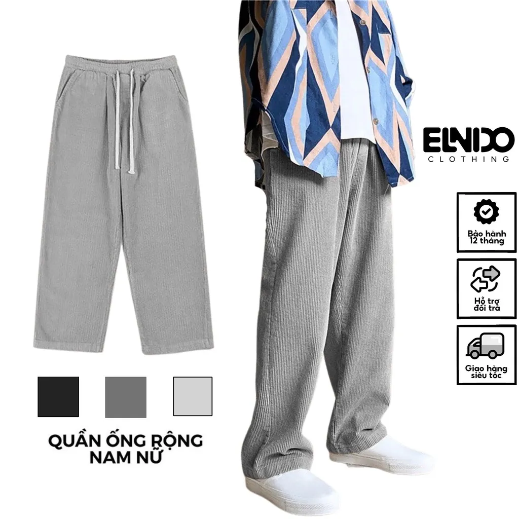 Ảnh Quần ống rộng nam nữ ELNIDO dáng suông chất vải nhung tăm kiểu dáng UNISEX cao cấp EDNT-01 1