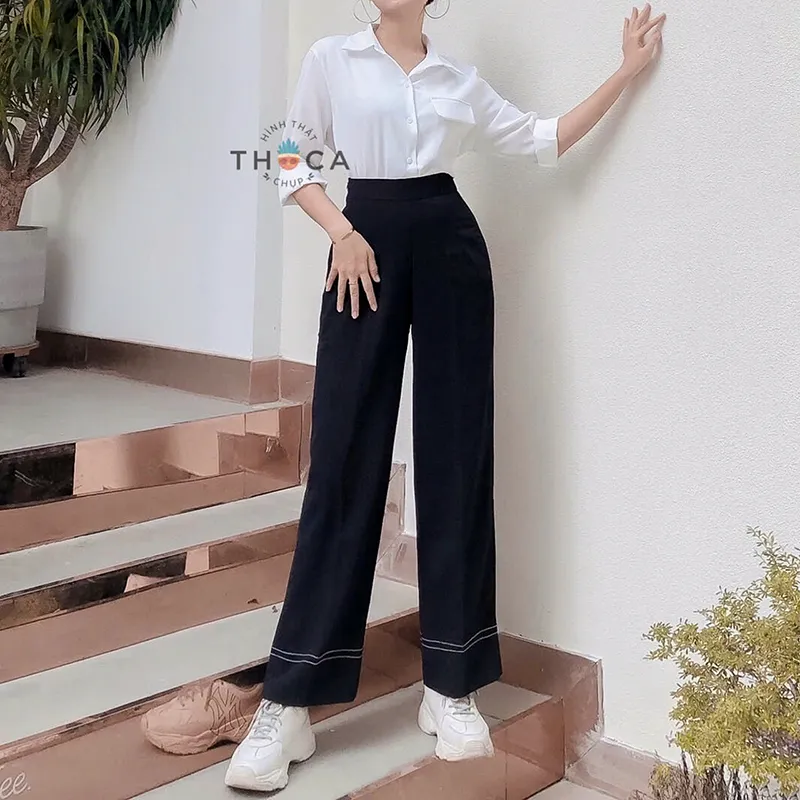 Ảnh Quần ống rộng nữ cạp cao viền sọc THOCA HOUSE công sở, đi học đi làm 4