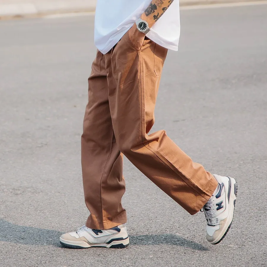 Ảnh Quần ống suông nam PEALO vải kaki nhung casual pants trơn basic chất liệu mới Loose Pants phong cách Minimalism 3