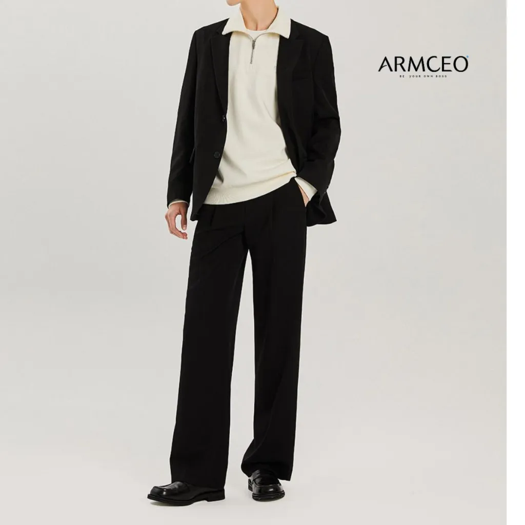 Ảnh Quần ống suông rộng sidetab ARMCEO đen trơn tôn dáng che khuyết điểm siêu tốt chất liệu cotton spandex - AD01 Trơn 3