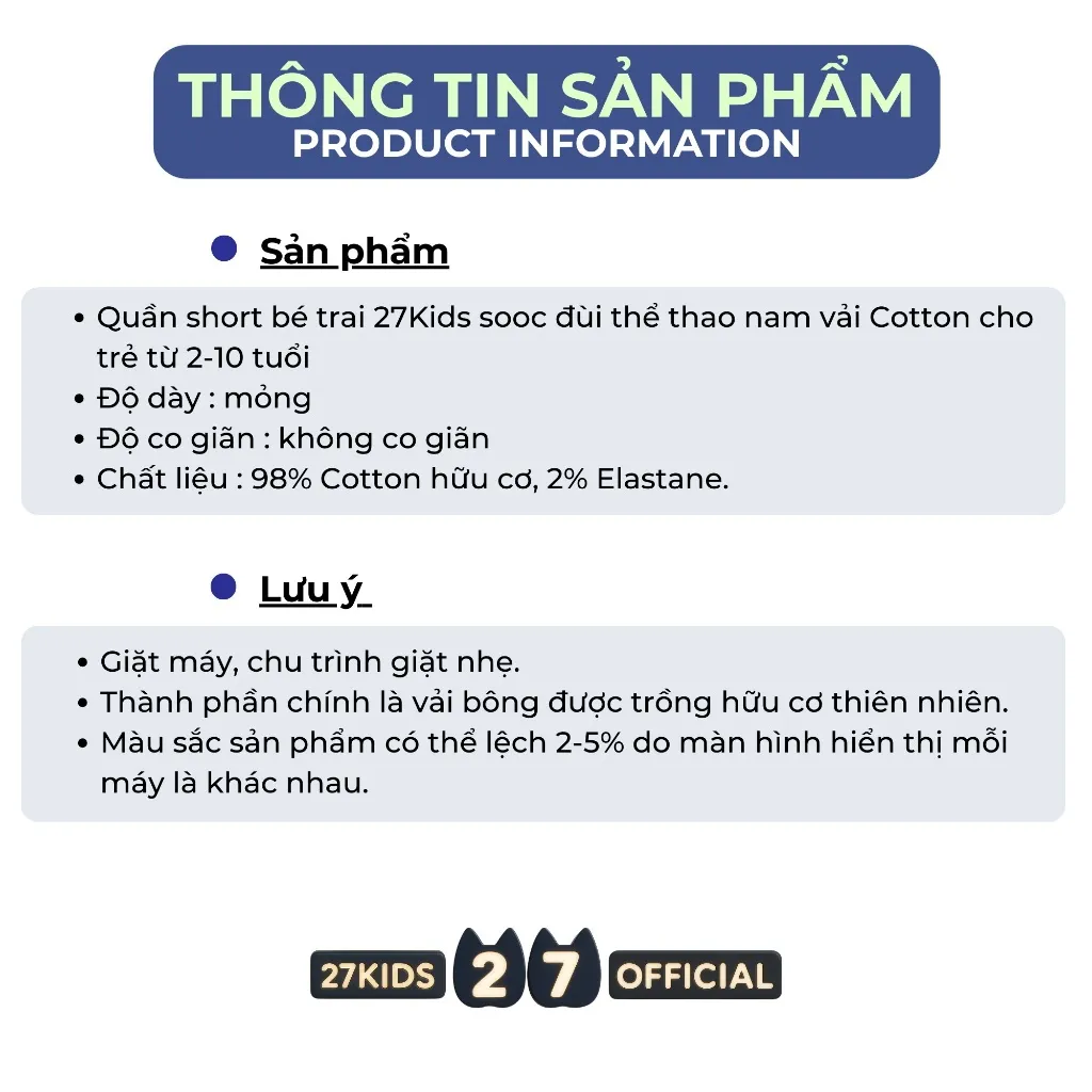 Ảnh Quần short bé trai 27Kids sooc đùi thể thao nam vải Cotton cho trẻ từ 2-10 tuổi BSPS3 3
