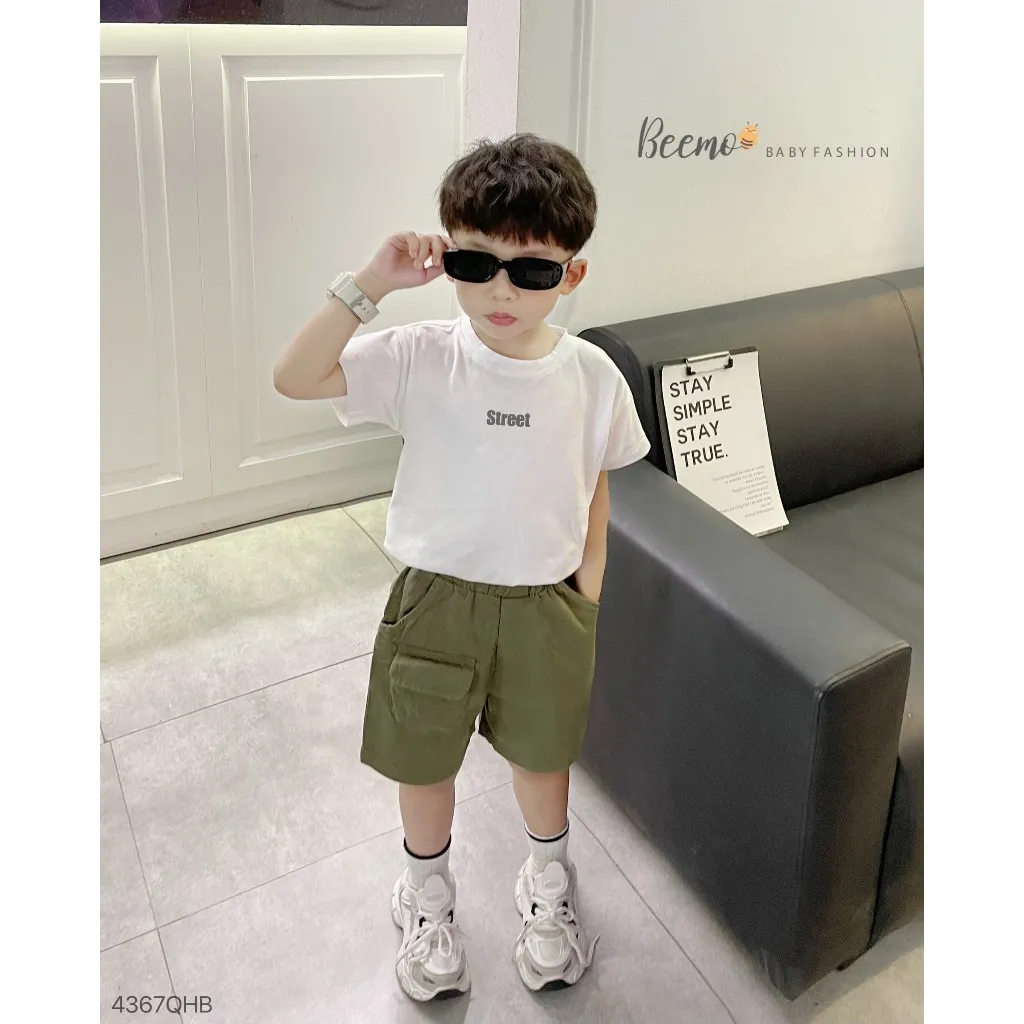 Ảnh Quần short kaki Beemo, quần đùi kaki phối túi hộp trendy dễ mix đồ mặc đi học, đi chơi cho bé từ 9-24kg 4367QHK 2