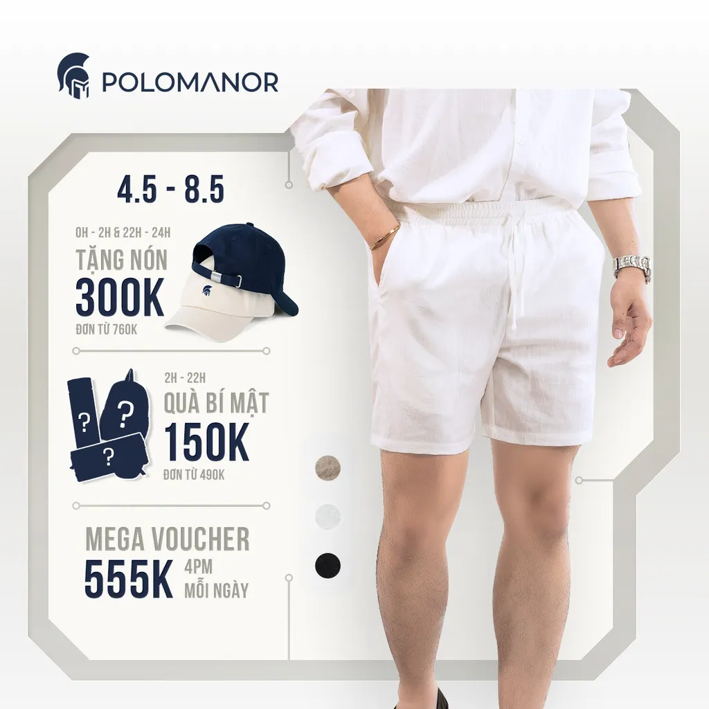 Ảnh Quần short LINEN POLOMANOR chất đũi cao cấp, mềm mại, lưng thun, thoải mái thanh lịch 1