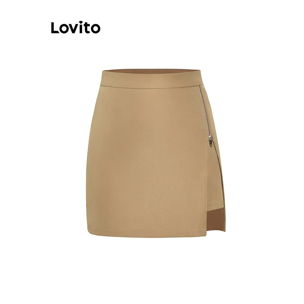 Ảnh Quần short Lovito phối dây kéo xẻ tà màu trơn phong cách preppy cho nữ L59ED161 (Kaki) 2