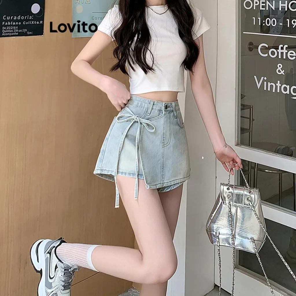 Ảnh Quần short Lovito vải denim bất đối xứng màu trơn thời trang thường ngày cho nữ LNE66508 1