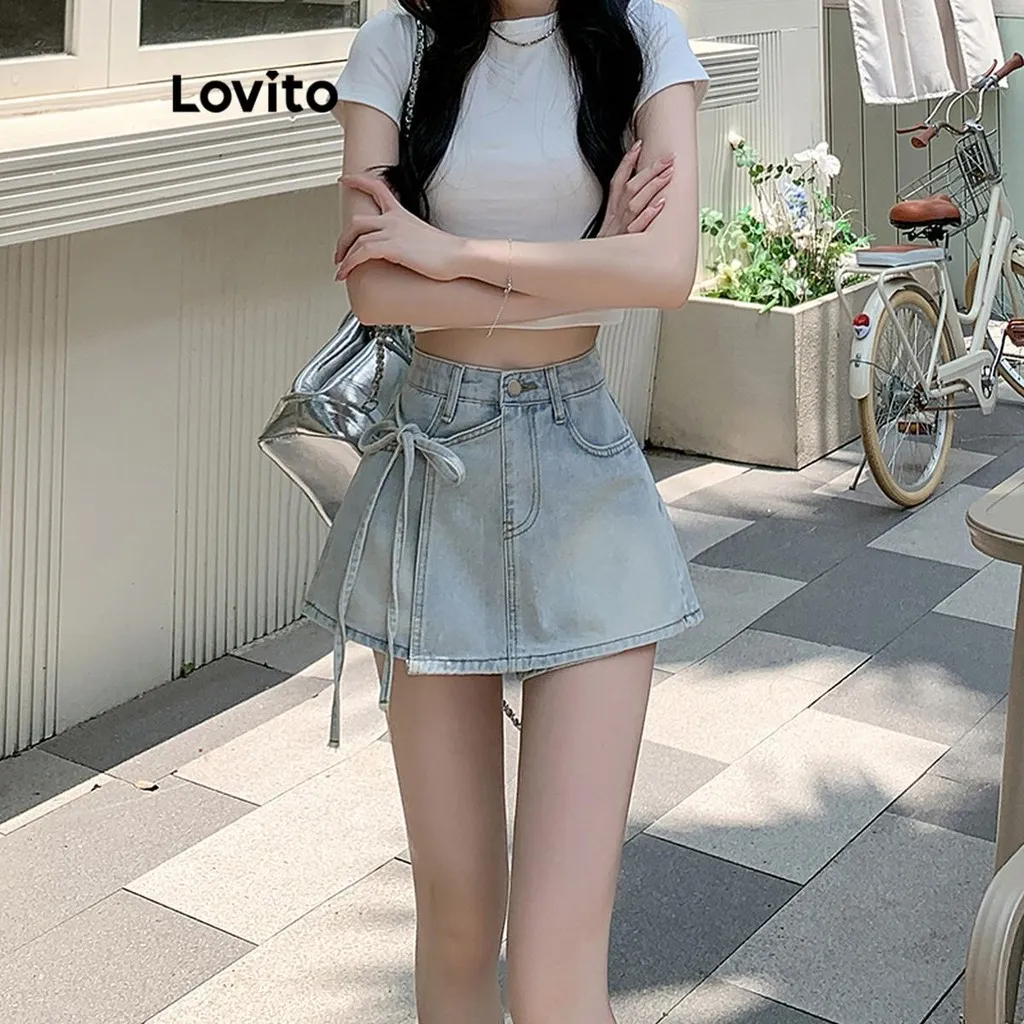 Ảnh Quần short Lovito vải denim bất đối xứng màu trơn thời trang thường ngày cho nữ LNE66508 4