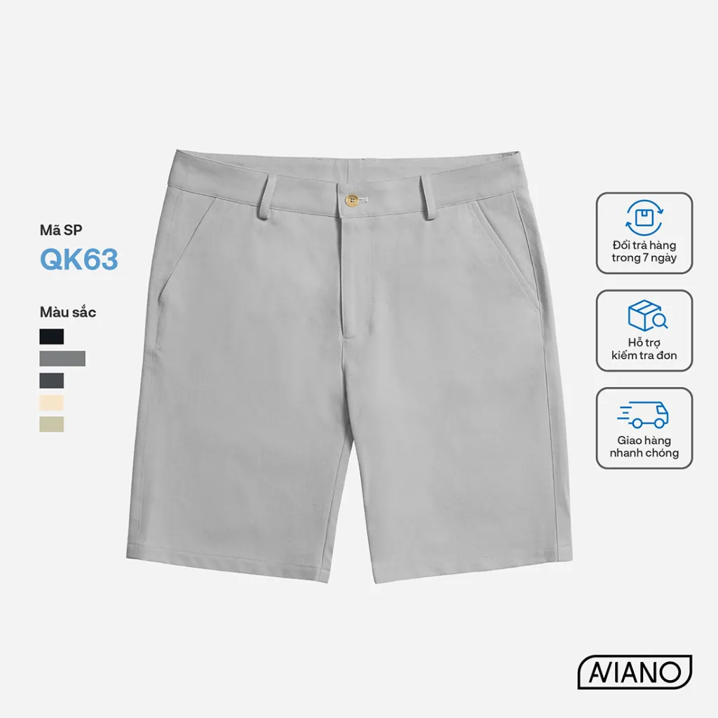 Ảnh Quần Short Nam AVIANO Vải Kaki, Quần Đùi Nam Cạp Cúc Màu Basic 2