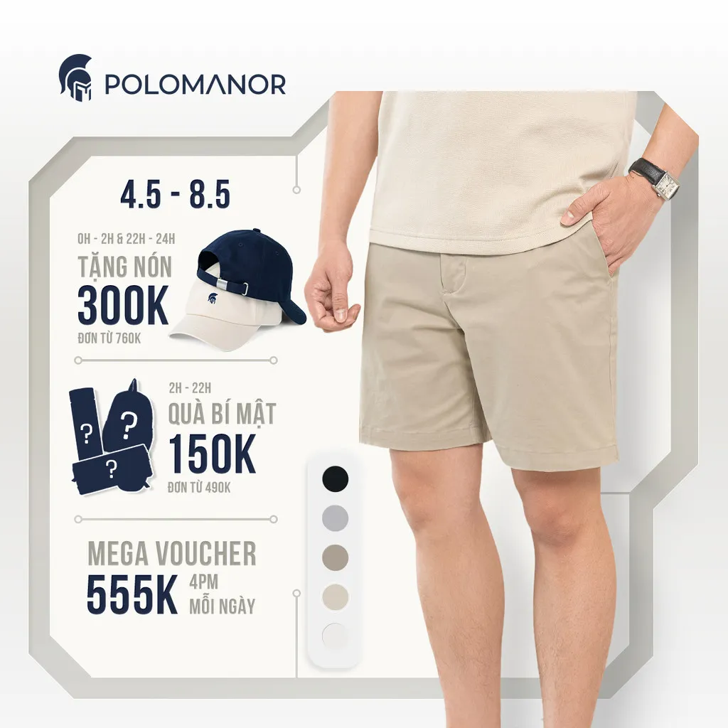 Ảnh Quần short nam ngắn POLOMANOR vải kaki xuất xịn, lưng đai thun, co giãn 2 chiều, chuẩn form 1