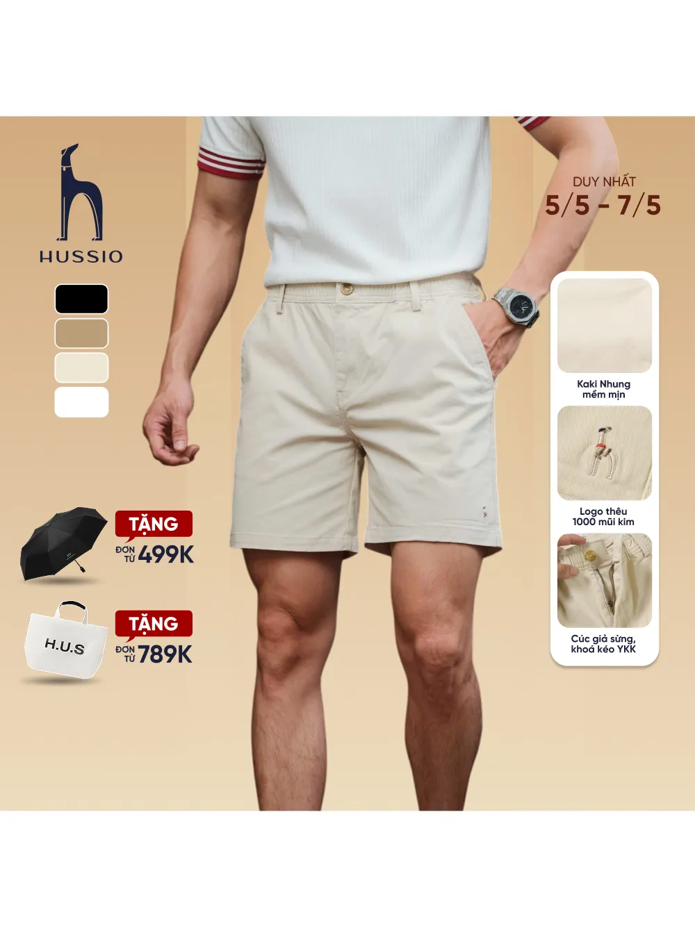 Ảnh Quần short nam SEASON "BA" vải kaki nhung xuất xịn, co giãn 4 chiều, chuẩn form - HUSSIO 1