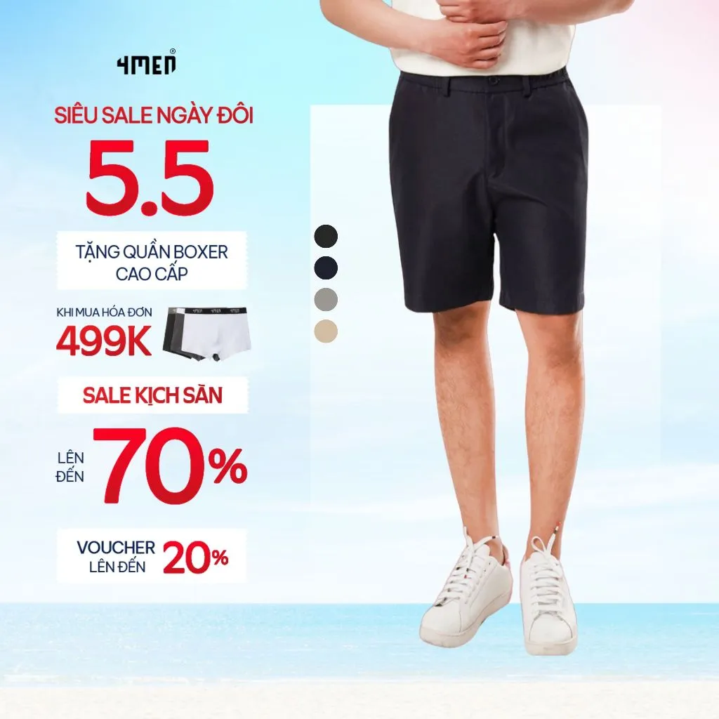 Ảnh Quần Short Nam Trơn Slimfit 4MEN QS060 basic, vải kaki mềm mại, chống nhăn, thoáng mát, trẻ trung 1