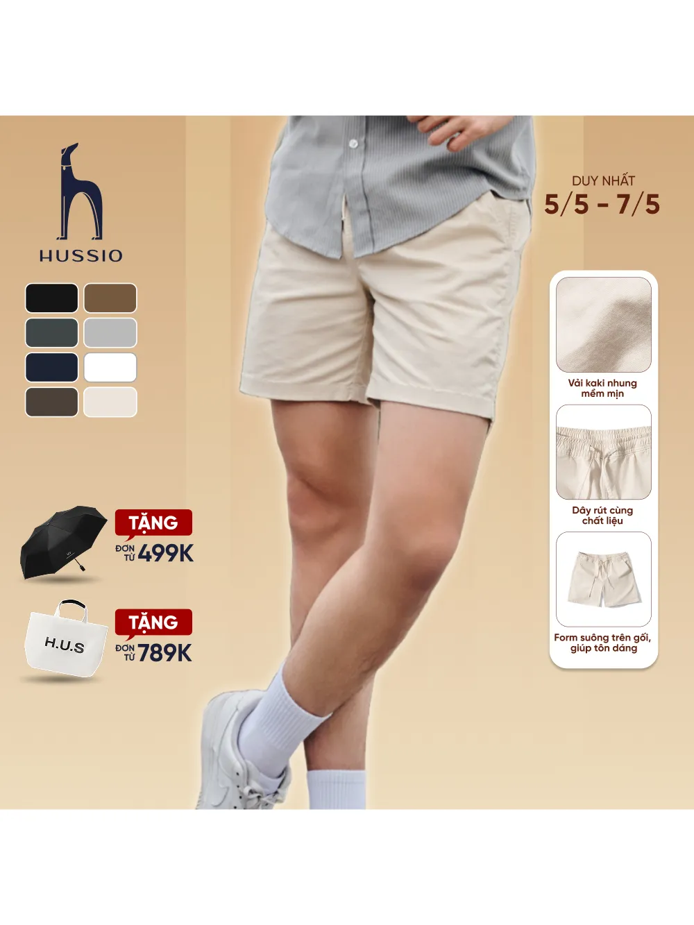 Ảnh Quần Short nam vải Kaki nhung cao cấp, trẻ trung, lịch lãm, chuẩn form - HUSSIO 1