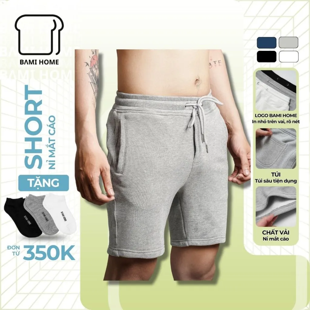 Ảnh Quần short nỉ cao cấp BAMI HOME phong cách unisex có lai và dây rút dễ phối đồ QN02 1